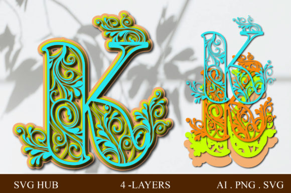 Layered Floral Letter K: 3D SVG Shapes for Branding
